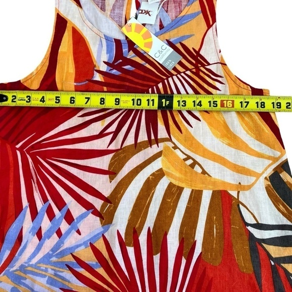 NWT C&C California 100% Linen Shift Dress Red w Tropical Print Beach Summer Sz S - Picture 13 of 16